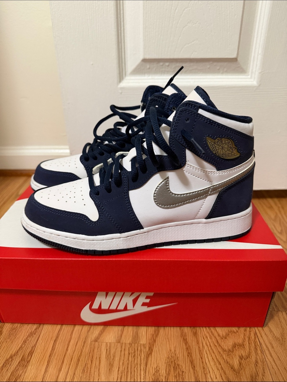 Nike Air Jordan 1 High White Navy with Metallic Silver Swoosh and Gold Wings